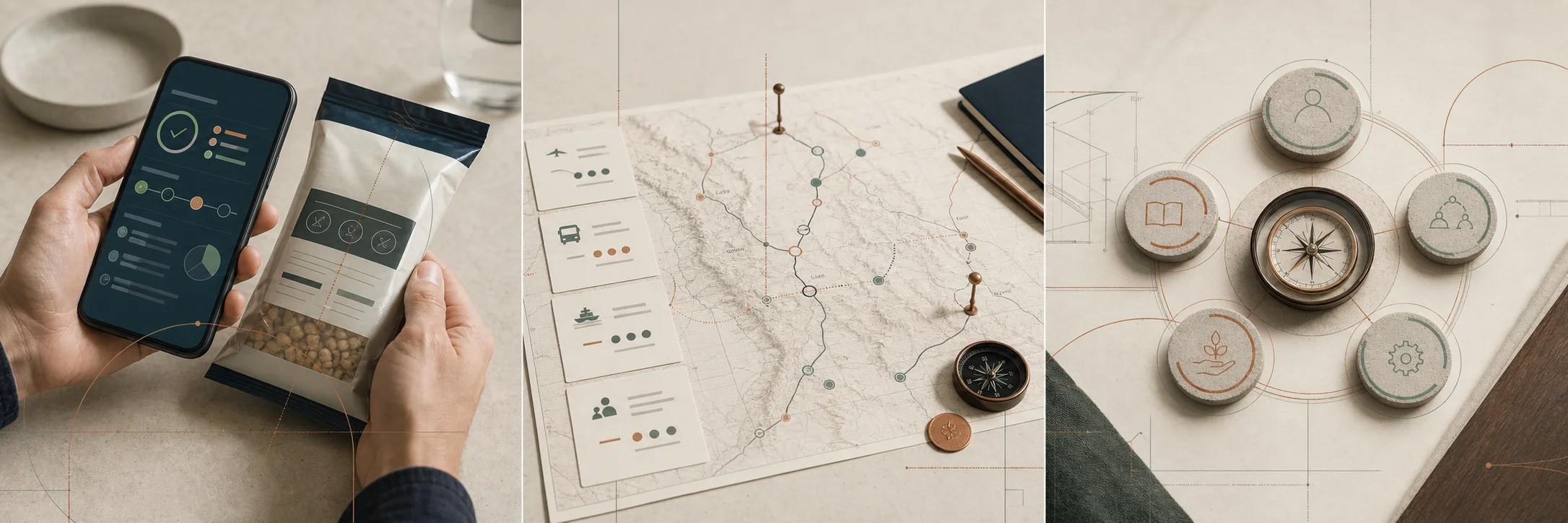 Three-part illustration of halal assurance, travel logistics and community formation
